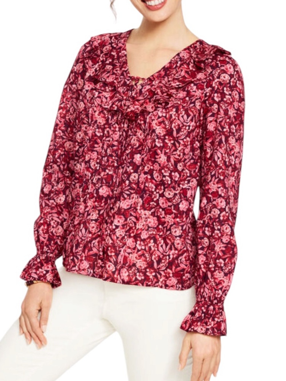 Talbots ruffle neck rose print cotton long sleeve blouse Sz L like new condition